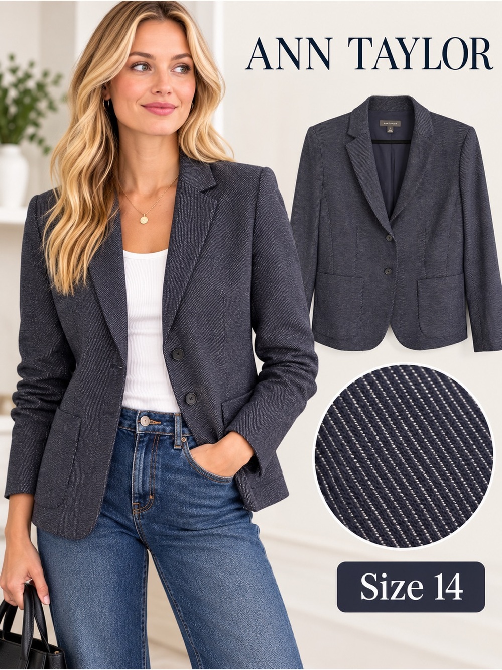 Ann Taylor Navy Textured Two Button Blazer Jacket Size 14